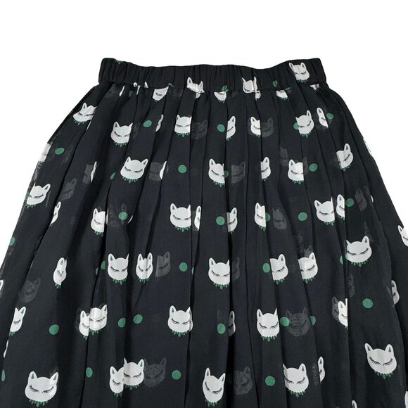Cat Print Midi Skirt Sz 8 Black Chiffon Whimsical Novelty Boho Quirky - Picture 3 of 9